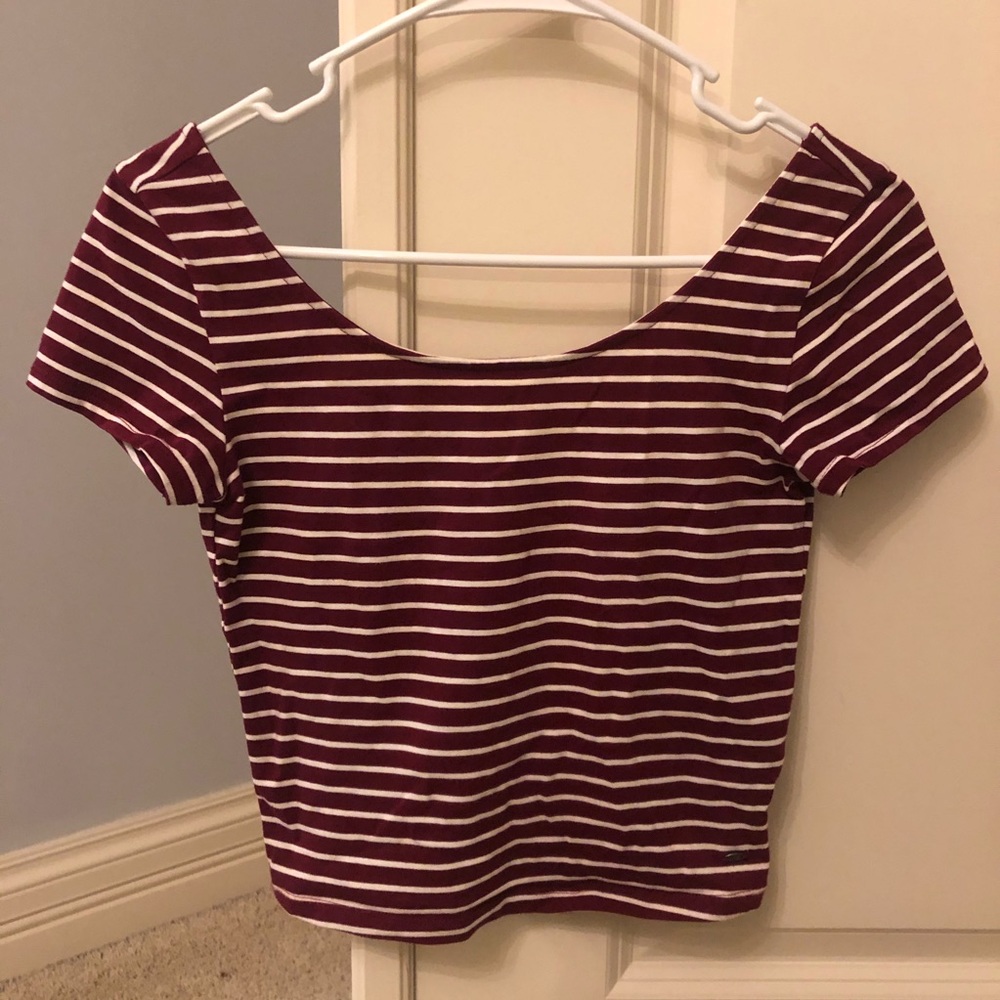 American Eagle Maroon/White Striped Scoop Crop Top